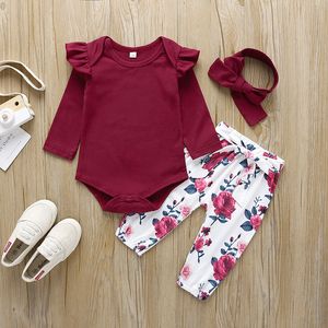 Set di vestiti per neonate Completo autunnale Pagliaccetto con maniche a mosca per bambini Top e pantaloni floreali con fascia Set di abbigliamento per bambini da 3 pezzi