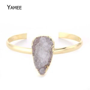Natural Mineral Crystal Bracelets Bangles Gold Plating Open Cuff Bangles for Women Big Large Druzy Stone Bangles Fashion Jewelry Q0717