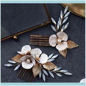 Jewelryopal p￩rola headpieces Flores folhas de folhas pentes pinos de ouro damas de honra