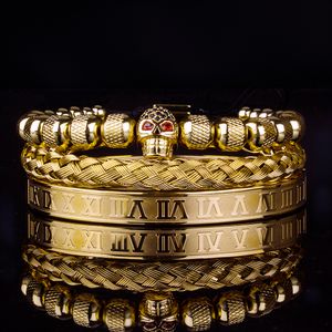 3pcs braccialetto di fascino del cranio reale romano di lusso uomini geometria dell'acciaio inossidabile Pulseiras uomini aperti bracciali regolabili coppia gioielli