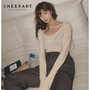 Spring Long Sleeve T Shirt Women Korean Top Beige Grey Tshirt Loose Tee Knitted Casual Clothing 210427