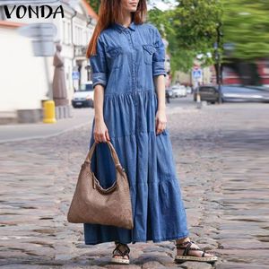 Plus Size Kobiety Koszula Sukienka Vonda 2021 Casual Plised Denim Suknie Loose Laptle Rękaw Przycisk Lapel Down Bohemian Vestidos S-5XL X0521