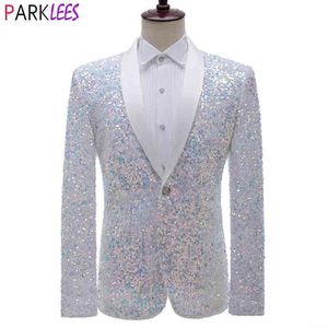 Shiny White Sequin Glitter Tuxedo Blazer Men Shawl Collar One Button Dress Suit Jacket Mens Wedding Party Stage Clothes 210522