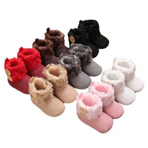 Baby Snow Boots, Vinter Varm Fur Sticka Booties med 2 Knappar, Soft Sole Anti-Slip Spädbarn Boy Girl Prewalkers Skor 7 Färger G1023