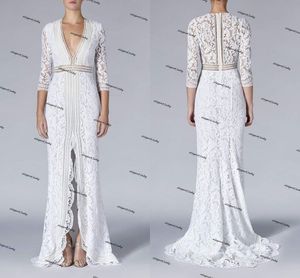 Czeski Szydełka Koronkowa Bawełniana Syrenka Suknie Ślubne Sexy V-Neck Front Slit Suit Z Długim Rękawem Trumpet Beach Country Bridal Sukienka Szaty