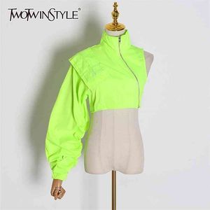 Twotyle Asimetrik Kısa Tops Kadınlar Için Standı Yaka Uzun Kollu Rahat Streetwear Ceketler Kadın Moda Giyim 210918