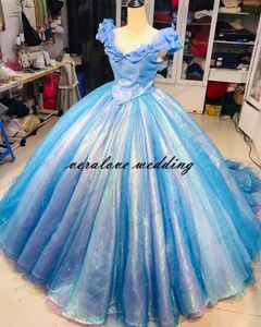 Real Images Cinderella Quinceanera Prom Klä av axeln 2021 Lång sött 16 Klänningar Prom Party Födelsedagklänning för tjejer