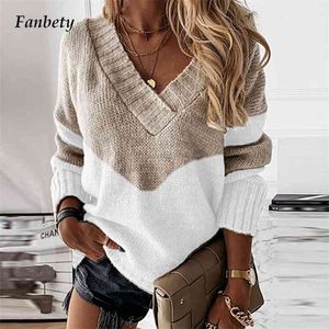 Kobiety Eleganckie Patchwork Druku Knit Sweter Jesień Sexy V-Neck Długim Rękawem Pullover Topy Ladies Winter Casual Loose Jumper 210918