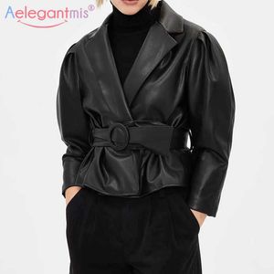 Aelegantmis beskurna faux läderjacka Kvinnor med bälte Korea Slim Vintage Motorcycle Pu Kvinna Casual Outwear Streetwear 210607