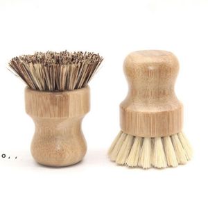 Round Wood Brush Handle Pot Dish Household Sisal Palm Bamboo Kitchen Chores Rub Cleaning Brushes RRE12400