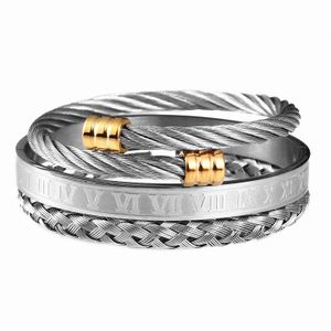 3pcs/Set Roman Numeral Men Bracelet Handmade Stainless Steel Rope Buckle Open Bangles Pulseira Design Jewelry