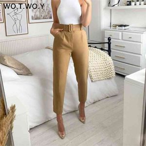 Wotcoy Elegancki Formalny High Waist Pant Skinny Office Lady Pencil Pant Pockets Sashes Długość Długość Długość 210721