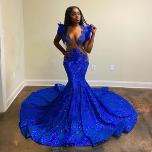 Siyah kızlar için seksi tüy kraliyet mavisi deniz kızı balo elbisesi Afrika gece elbise robe de soiree femme vestidos mezuniyet237l