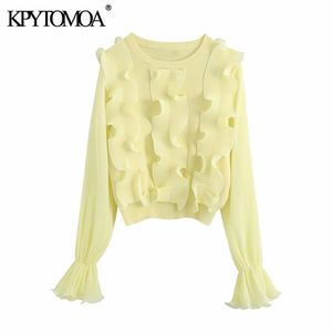 Moda donna con maglione lavorato a maglia patchwork increspato Vintage O collo manica lunga femminile pullover Chic Top 210416