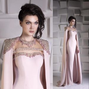 Elegante perlenbesetzte Kristall-Abendkleider mit Cape-Wickel, arabische Dubai-Abendkleider, rosa Ballkleid, Robe de Soiree, formelles Damenkleid mit Illusionsausschnitt