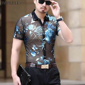 Blå blommig See genom Fishnet Shrit Men Sexig Slim Fit Transparent Clubwear Dress Shirt Party Event Lace Sheer Blouse 210522