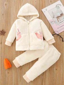 Pantaloni con cappuccio in flanella con zip e ricamo per bambini in stile cartone animato LEI