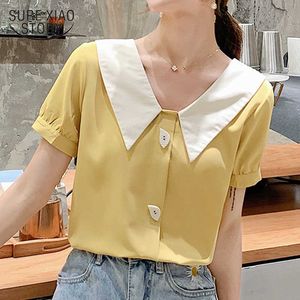 Summer Solid Color Splicing Sweet Ladies' Tops Short Sleeve Peter Pan Collar Front Button Chiffon Blouse Women 9094 50 210527