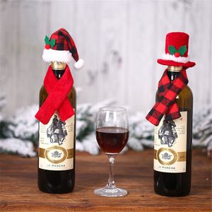 Jul Buffalo Plaid Mini Santa Hat och Scarf Vinflaska Skydd Silvervaror Xmas Table Ornaments phjk2110