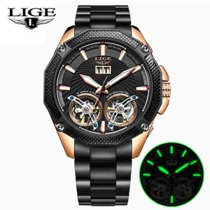 Lige 100M防水メンズウォッチ高級自動メカニカル腕時計腕時計男性ステンレススチールデートウォッチRelogio Masculino 210527