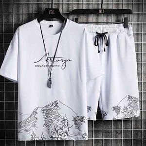 Men's Clothing Summer Tracksuit White 2 Piece Set Men Shorts Set Outwear Breathable Slim Suit Men Sweat Suit Graphic Printed 210722