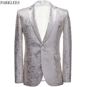 Błyszczące Silver Brocade Garnitur Kurtka Male One Button Collar Smoking Dress Blazers Mężczyźni Slim Fit Wedding Party Costume Homme 210522