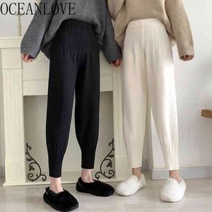 Mujer Pantalones Knitted Autumn Winter Elastic High Waist Korean Style Trousers Ankle-length Woman Pants 19259 210415