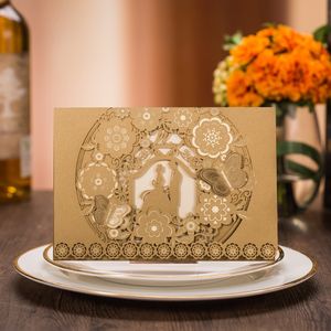 (100 pieces/lot) Bride&Groom Gold Wedding Invitation Card Pop Up Butterfly Lace Flower Customize Print Marriage CX025