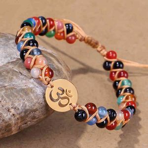 Stainless Steel OM Charm Color Natural Stones 7 Chakra s Handmade Braided Couple Reiki Healing Balance Bracelet