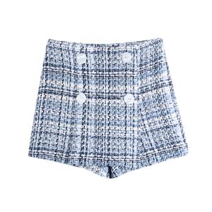 Women Chic Fashion With Buttons Tweed Bermuda Shorts Skirts Vintage High Waist Side Zipper Female Skorts Mujer 210430