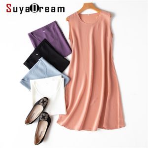 Suyadreamの女性ミニドレス100％シルククレープソリッドAラインノースリーブOネックタンクドレススプリングサマーシックなドレス210409