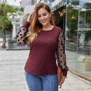 Plus Size Women T-shirts Casual Polka Dot Mesh Patchwork See Through Long Sleeve Tees Autumn Elegant Female Loose Pullover Tops 210522