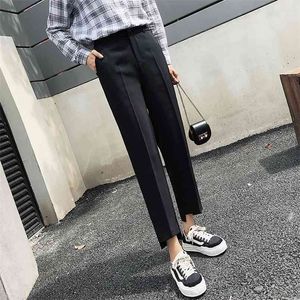 봄 여름 한국 패션 여성 바지 높은 허리 캐주얼 스트레이트 여성 단단한 느슨한 발목 길이 플러스 크기 S145 210512
