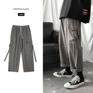 Spodnie Cargo Mężczyźni Streetwear Spodnie Hip Hop Luźne Koreański Styl Długość Długość Spodnie Kombinezony Elastyczna Talia Czarna Szara Techwear Y0811