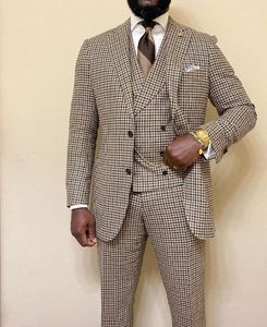 Mäns kostymer Blazers (jacka + byxor + väst) 2021 Workwear Khaki Plaid Male Suit for Wedding 3 Piece Prom Blazer Party Evening Custom Made