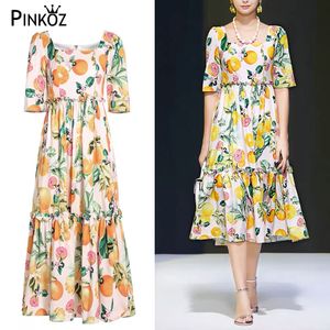 runway celebrity style summer holiday beach square collar short sleeve tropical lemon floral printed midi ruched dresses 210421