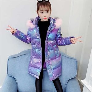 冬の子供の女の子の服紫の長いパーカージャケットの赤ちゃんの服の服の毛皮のコートスノーシュールの上着キッズフード付きチュニック211203