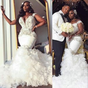 2022 Luxury African Mermaid Wedding Dresses Formal Bridal Dress Off Shoulder Lace Appliques Crystal Beaded Plus Size Tulle Cathedral Train Ruffles Tiered