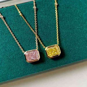 Sterling Silver 18k Gold Rectangular Diamond Pendant Chocker Neck Chain Pink Yellow Square Necklace Female Clavicle