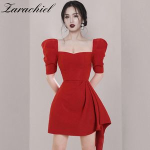 Red Sexy Club Draped Short Elegant Black Puff Sleeve Square Collar Work Wear Streetwear Retro Party Summer Dress 210416