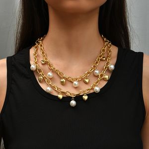 Мода женское золото цветное сердце белое жемчужное кулон ожерелье для женщин простая алюминиевая цепь сплава коренастые слоистые ожерелья