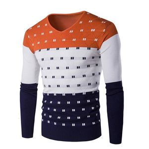 Suéter dos homens 2021 Primavera Outono Patchwork Sweater Algodão Fino Magro V-Pescoço Pullover Simples Aquecedor Confortável Outware Roupas Baixa Preço