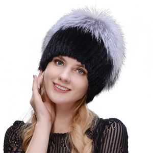 JeryAfur Russian Winter Fur Hat Ladies Style Mink Stickad Ull och Ski 211119