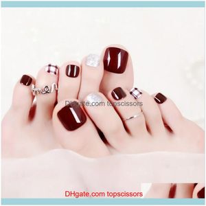 False Nails Art Salon Health & Beautyfinished Toenails Fake Wine Red Grid Short White Solid Nail Piece J02-08 Drop Delivery 2021 Jwpmf