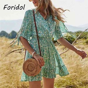 Floral Print Boho Beach Dress Casual Loose Short Sleeve Cold Shoulder Summer Women Female Elegant Vestidos 210427