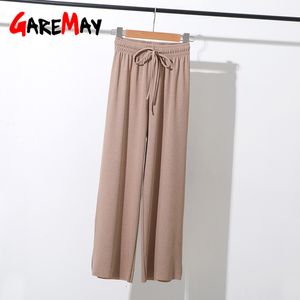 Calças de pernas largas de seda mulheres verão coreano cintura alta calças soltas harajuku casual tornozelo-comprimento para 210428