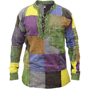 Men's Vintage Stand Collar Long Sleeve Shirt Men Spring Autumn Fashion Slim Pullover Tops Casual Colour Printed Patchwork Shirts G0105