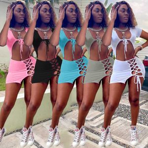 Lace Up V-Neck Crop Top Hollow Out Bandage Mini Skirt Set Två Piece Set Skinny Bodycon Sexy Party Clubwear Outfits x0709