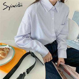Syiwidii ​​Striped Vintage Button Up Blusar Kvinnor Nedgång Krage Långärmad Lös Klädsel Vår Koreanska Mode Shirts 210417