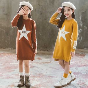 Kızlar Sonbahar Kış Yıldız Pentagram Kazak Uzun Elbiseler Bebek Alt Rahat Genç Çocuklar Prenses Elbise 6 7 8 9 10 11 12 Yıl Q0716